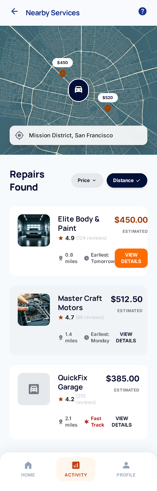 Autoguard Pro nearby services screen