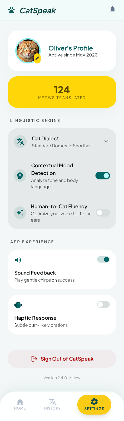 CatSpeak app settings screen
