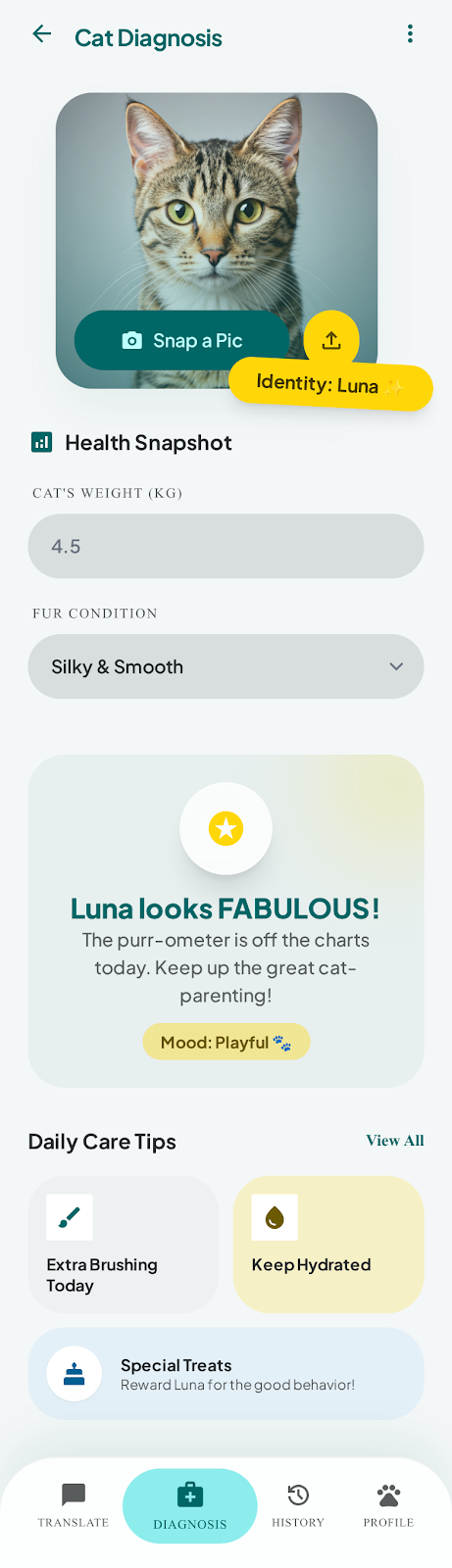 CatSpeak cat diagnosis screen