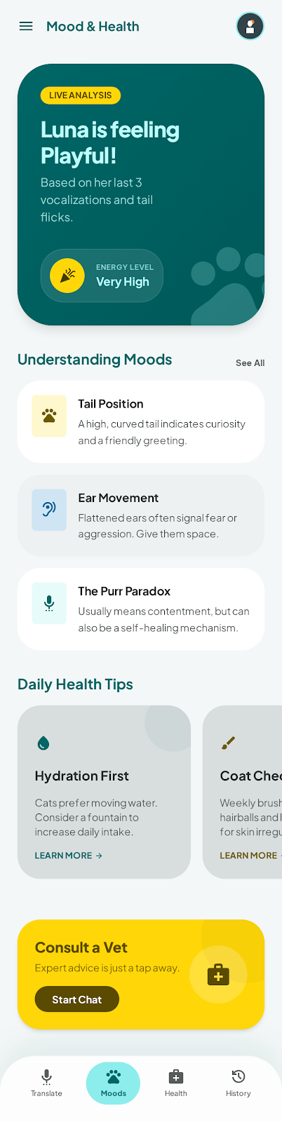 CatSpeak cat mood and health guide screen