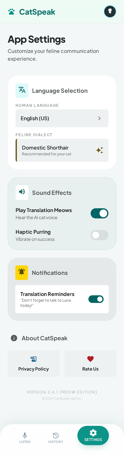 CatSpeak settings screen