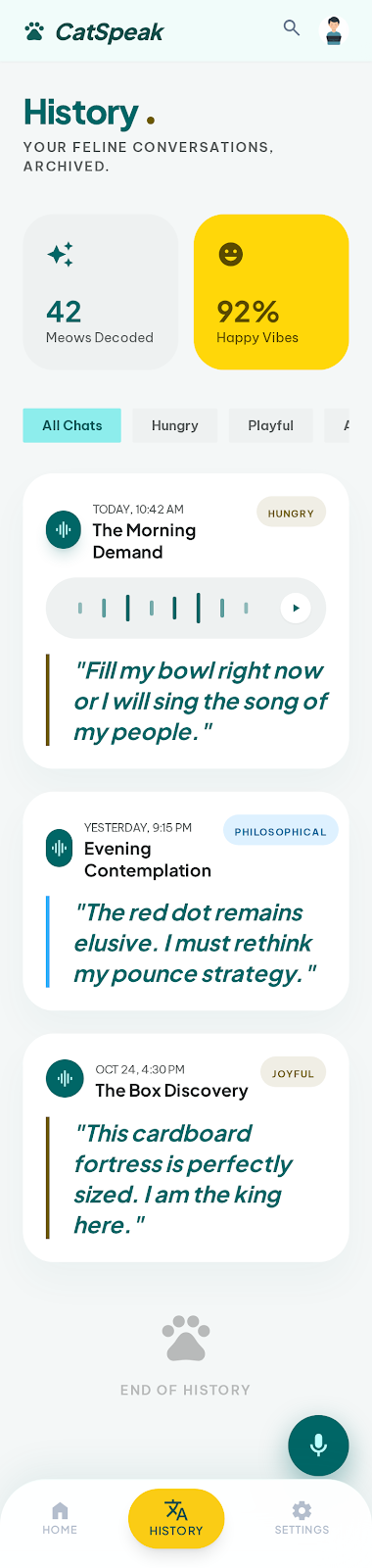 CatSpeak translations history screen